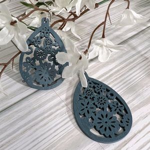 Laser Cut Wooden Water Drop Shape Earrings, Blue